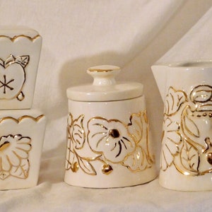 Vintage Salt Pepper Shakers White and Gold Shakers Creamer Sugar Bowl 4 Piece Set
