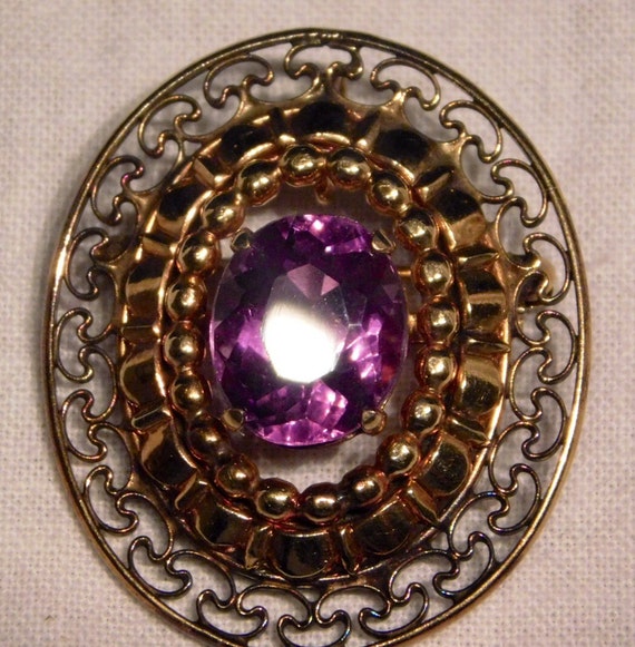 Gold Filled Filigree Pin with Amethyst Stone by B… - image 1