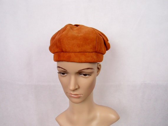 Vintage Hats 1960s Suede Beret Brown Leather Beret