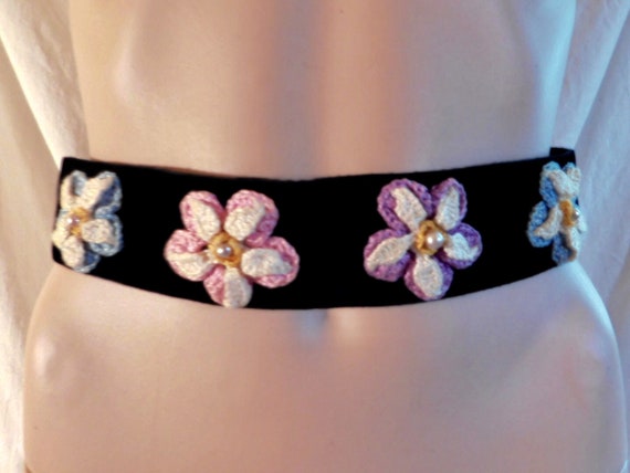 Vintage Belt Black Velvet Crotched Flower Appliqu… - image 1