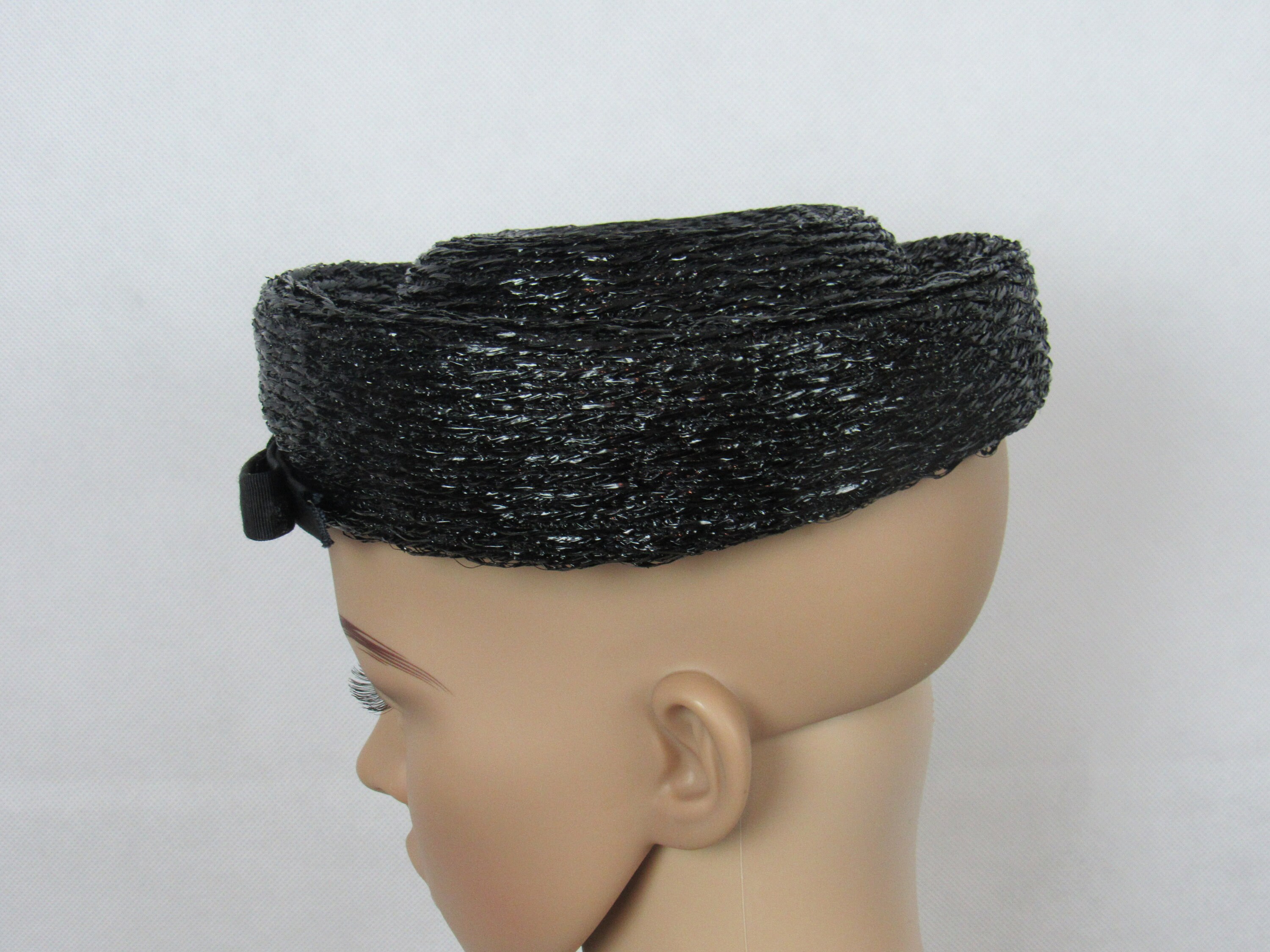 Vintage Hats B Forman Co Black Raffia Pillbox Mini Hat 