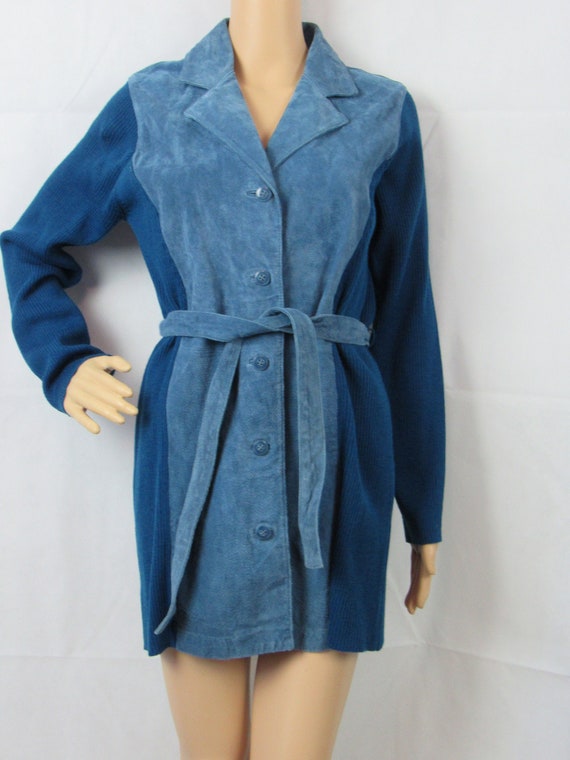 Dialogue Blue Leather Sweater Blue Suede And Knit