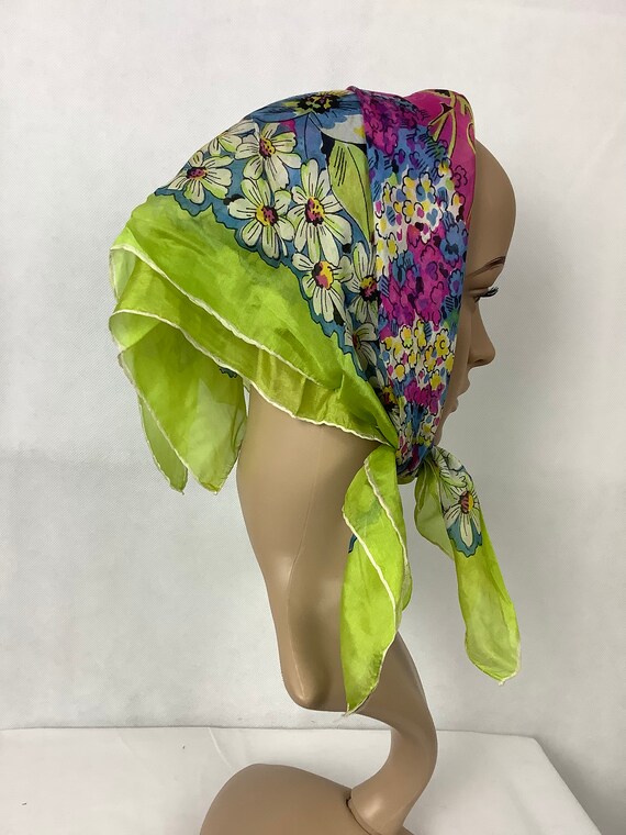 Vintage Silk Scarf Pink Floral Green Silk Hand Ro… - image 5