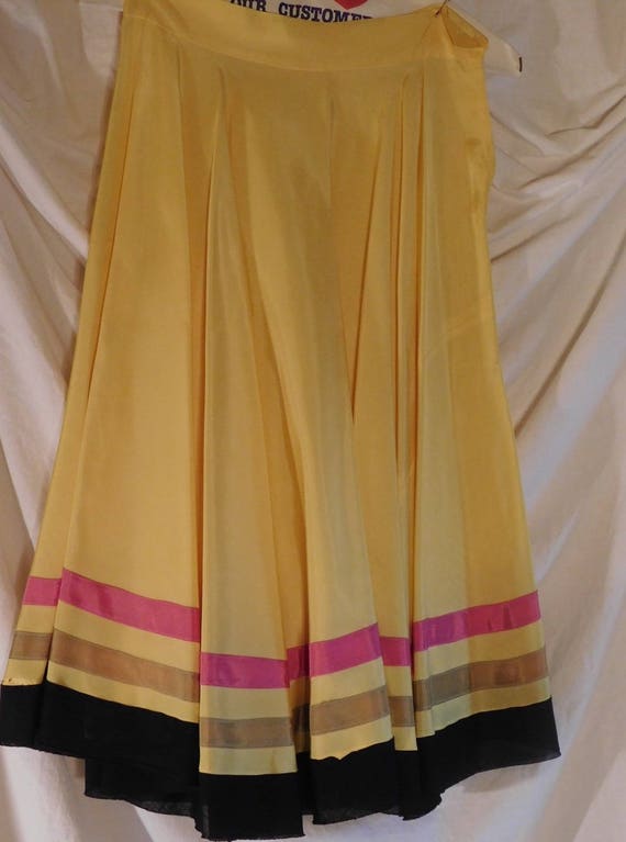 Circle Skirt Yellow Satin Acetate with Hot Pink Olive Ribbon and Black Cotton Hem