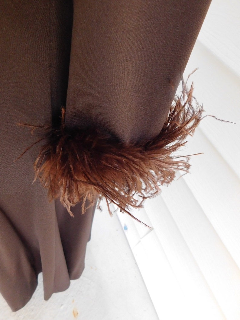 Vintage 1970s Maxi Dress with Feather Cuffs Chocolate Brown Vintage Loungewear image 2