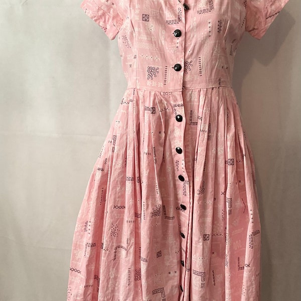 Vintage Day Dress Pink Pleated Dress Button Down Dress