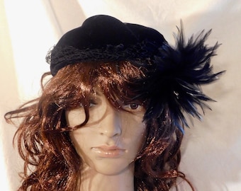 Vintage Hat Ladies Black Velvet Cap With Black Feather Accents Black Velvet Mini Hat Black Fascinator