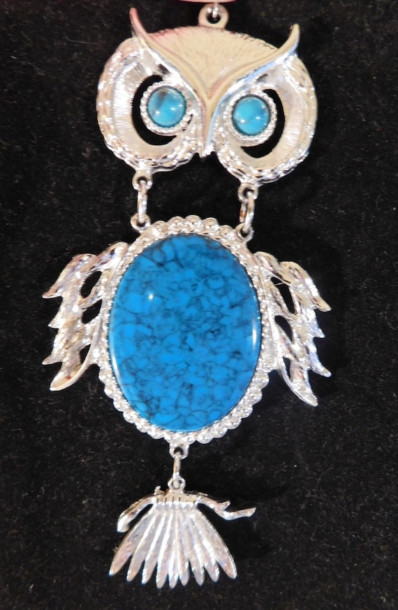 Vintage Turquoise Owl Pendant Vintage Owl 1970s L… - image 4