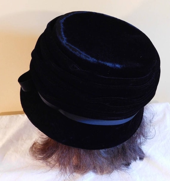 The Arlington Hat Company Vintage Black Bucket Hat with Black Ribbon Band & Bow Vintage Ladies Arlington Hat Black Velvet With Veil Bow on  main image 4