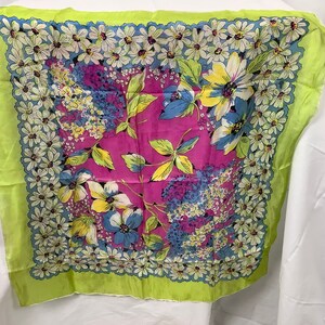 Vintage Silk Scarf Pink Floral Green Silk Hand Rolled Pure Silk