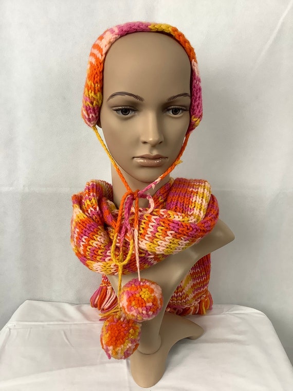 Vintage Scarf and Hat Set Sherbet Color Scarf and Hat Knit Scarf Hat Pompoms