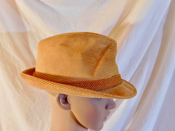 Vintage Champ Fedora Tan Corduroy Corded Pug Trim… - image 2