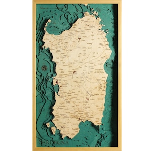 Sardinien Italien Sardinien Karte 3D | 46 x 77 cm | 18 x 30 Zoll | Lasergeschnittene Karte aus Holz | www.geckoart.it