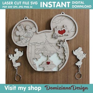 Keychain Holder Mickey Mouse and Minnie Laser Cut Digital File DXF SVG Art Vector Glowforge LaserCut Wooden Gift Christmas Crafting Projects