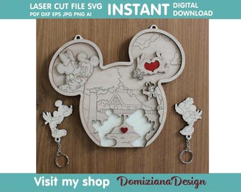 Keychain Holder Mickey Mouse and Minnie Laser Cut Digital File DXF SVG Art Vector Glowforge LaserCut Wooden Gift Christmas Crafting Projects
