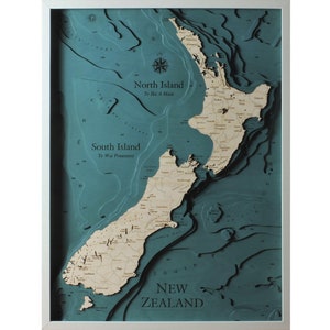 Neuseeland Neuseeland Karte 3D | 55 x 73 cm | 22 x 29 Zoll | Lasergeschnittene Karte aus Holz | www.geckoart.it