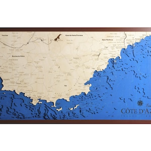 Côte d'Azur | Franse Rivièra | Franse Rivièra kaart 3D | 46 x 91cm | 18 x 36 inch | Houten kaart Kaartkader Houten kaart | www.geckoart.it