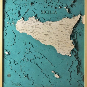 Sicily Complete Italy Sicily Map 3D | 67 x 73 cm | 26 x 29 inches | Wooden Map Chart Laser Cut | www.geckoart.it