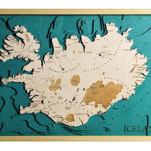 Islande Carte d'Islande 3D | 46 x 65 cm | 18 x 26 pouces | Carte en bois découpée au laser | www.geckoart.it