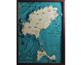 Ibiza and Formentera Map 3D | 46 x 61 cm | 18 x 24 inch | Wooden Map Chart Laser Cut | www.geckoart.it