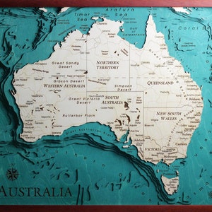 Australia Map 3D | 58x67 cm | 23x26 inch | Quadro Mappa Cartina in Legno Wooden Map Chart Laser Cut | www.geckoart.it