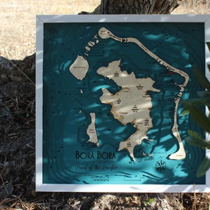 Bora Bora Frans-Polynesië kaart 3D | 46 x 46cm | 18 x 18 inch | Houten kaartgrafiek Lasergesneden kerstboomversieringen Decorcadeau Kerstman