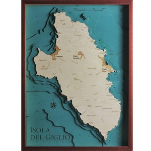 Giglio Insel Inselkarte 3D | 46 x 62 cm | 18 x 24 Zoll | Lasergeschnittene Karte aus Holz | www.geckoart.it
