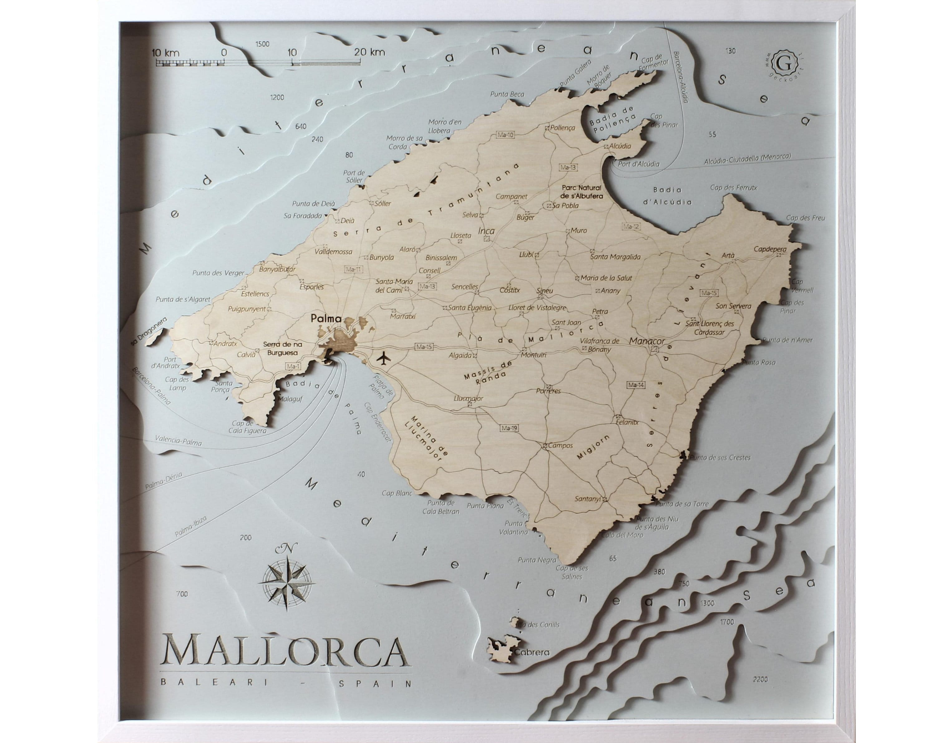 Mallorca Majorca Balearic Map 3D | 46 x 46 cm | 18 x 18 inch | Wooden Map Chart Laser Cut | www.geckoart.it