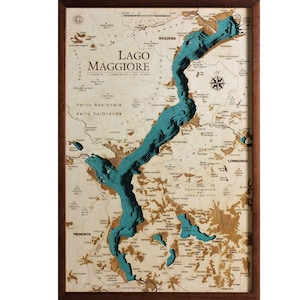 Lake Maggiore Lake Map 3D | 46 x 68 cm | 18 x 27 inch | Wooden Map Chart Laser Cut | www.geckoart.it