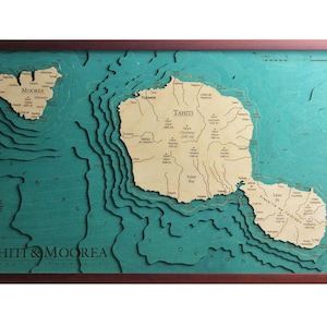 Tahití Moorea Polinesia Francesa Mapa 3D | 46x77cm | 18 x 30 pulgadas | Gráfico de mapas de madera cortado con láser | www.geckoart.it