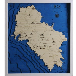 Ios Insel Griechenland Karte 3D | 46 x 51 cm | 18 x 20 Zoll | Lasergeschnittene Karte aus Holz | www.geckoart.it