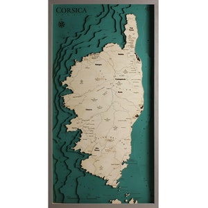 Carte de la Corse 3D | 46 x 88 cm | 18 x 35 pouces | Carte en bois découpée au laser | www.geckoart.it