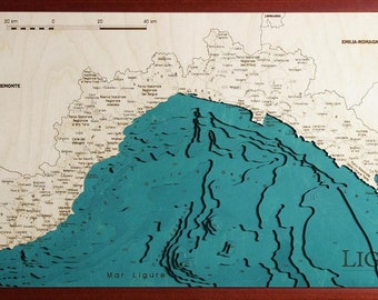 Liguria Wooden Map Chart Laser Cut 3D | 46 x 83 cm | 18 x 33 inches | www.geckoart.it