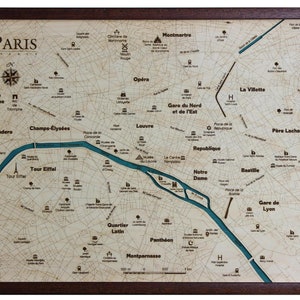 Paris Plan de Paris 3D | 46 x 60 cm | 18 x 23 pouces | Carte en bois découpée au laser | www.geckoart.it