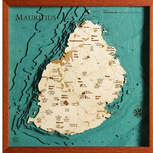 Carte de Maurice 3D | 46 x 46 cm | 18 x 18 pouces | Carte en bois découpée au laser | www.geckoart.it