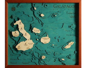 Galapagos Ecuador Map 3D | 46 x 51 cm | 18 x 20 inch | Wooden Map Chart Laser Cut | www.geckoart.it