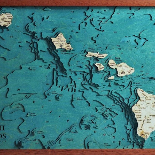 Carte des îles Hawaï 3D | 46 x 67 cm | 18 x 26 pouces | Carte en bois découpée au laser | www.geckoart.it