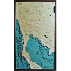 Thaïlande Carte de la Thaïlande 3D | 46 x 76 cm | 18 x 30 pouces | Carte en bois découpée au laser | www.geckoart.it