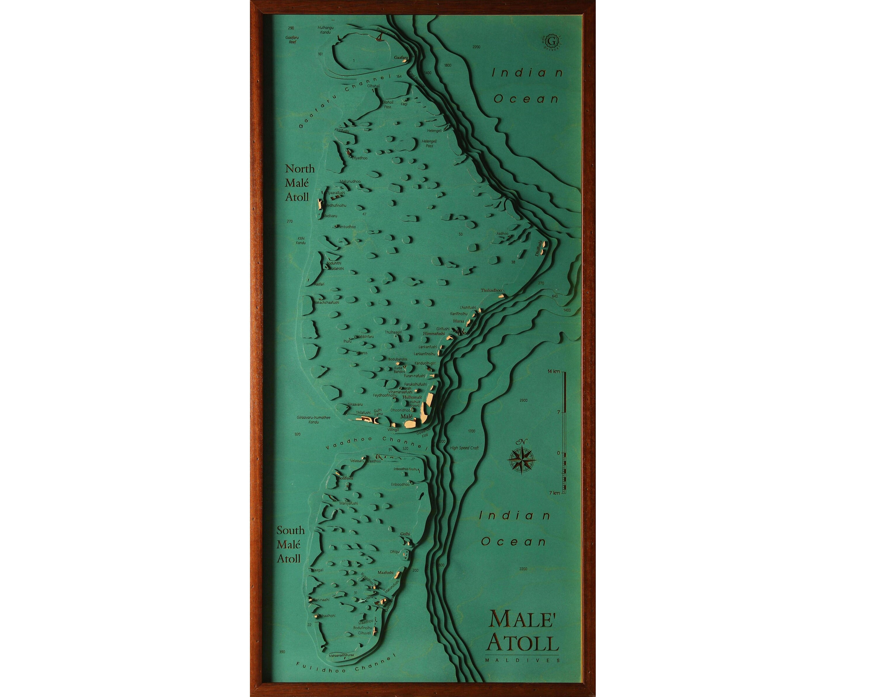 Male Atoll Maldives Male Atoll Map 3D | 45 x 91 cm | 18 x 36 inch | Wooden Map Chart Laser Cut Framework www.geckoart.it