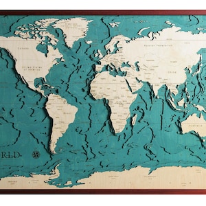 Wereld Aardekaart 3D | 65 x 91cm | 26 x 36 inch | Houten kaartgrafiek Lasergesneden | www.geckoart.it