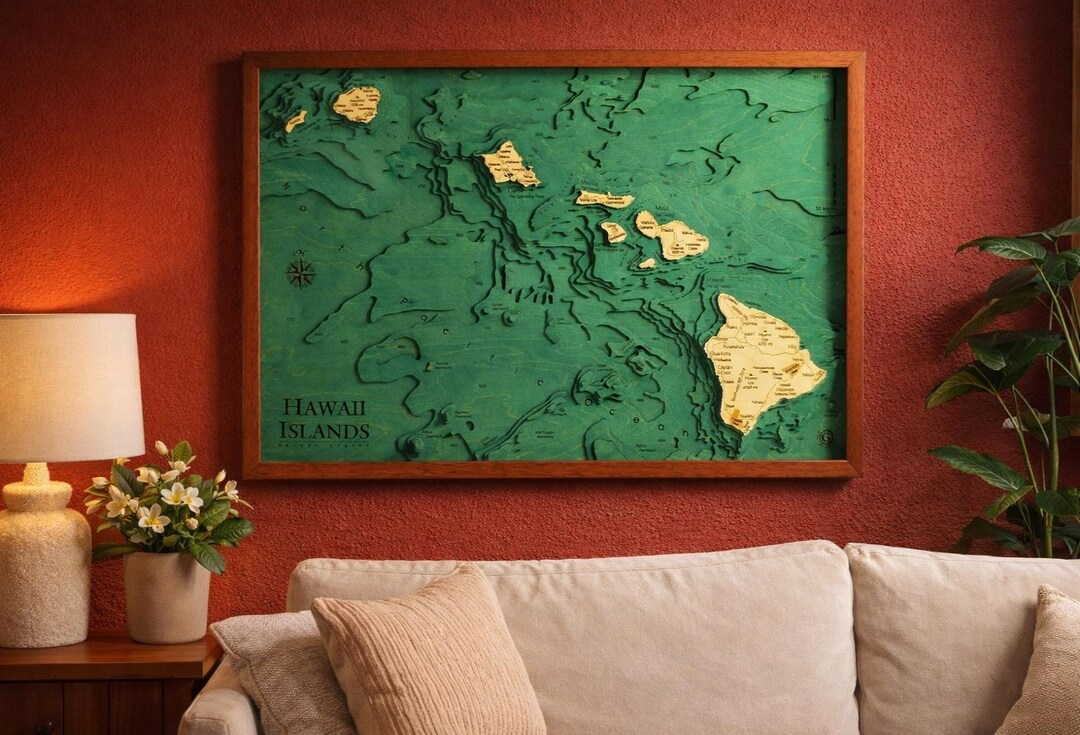 Hawaii Islands Map 3D | 46 X 67 Cm | 18 X 26 Inch | Wooden Map