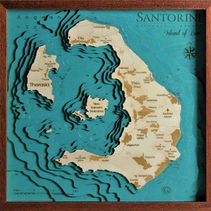 Santorini Griechenland Karte 3D | 46 x 46 cm | 18 x 18 Zoll | Lasergeschnittene Karte aus Holz | www.geckoart.it