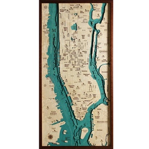 Carte de Manhattan New York 3D | 46 x 91 cm | 18 x 36 pouces | Carte en bois découpée au laser | www.geckoart.it