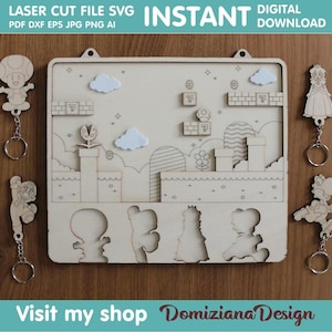 Porte-clés Mario Universe Bros Fichier numérique découpé au laser DXF SVG Art Vector Glowforge LaserCut Cadeau en bois Projets d'artisanat de Noël