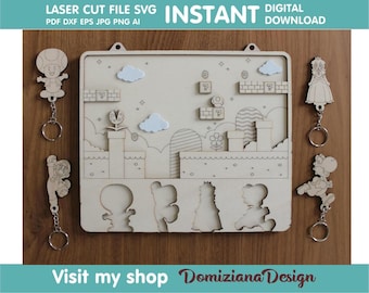 Keychain Holder Mario Universe Bros Laser Cut Digital File DXF SVG Art Vector Glowforge LaserCut Wooden Gift Christmas Crafting Projects