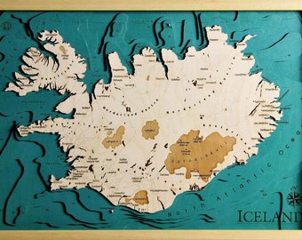Iceland Iceland Map 3D | 46 x 65 cm | 18 x 26 inch | Wooden Map Chart Laser Cut | www.geckoart.it