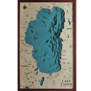 Lake Tahoe Lake Map 3D | 46 x 71 cm | 18 x 28 inch | Wooden Map Chart Laser Cut | www.geckoart.it