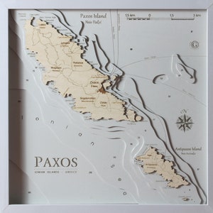 Paxos Griechenland Karte 3D | 46 x 46 cm | 18 x 18 Zoll | Lasergeschnittene Karte aus Holz | www.geckoart.it
