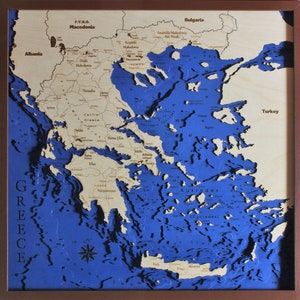 Griechenland Griechenland Karte 3D | 60 x 60 cm | 23 x 23 Zoll | Lasergeschnittene Karte aus Holz | www.geckoart.it