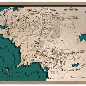 La Terre du Milieu Carte (Le Seigneur des Anneaux) Wooden Chart Map 3D Laser Cut 46 x 60 cm | 18 x 24 inch | www.geckoart.it